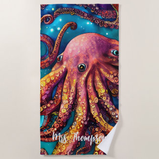 Alien Wasserfarben-Oktopus mit Personalisiertem Na Strandtuch