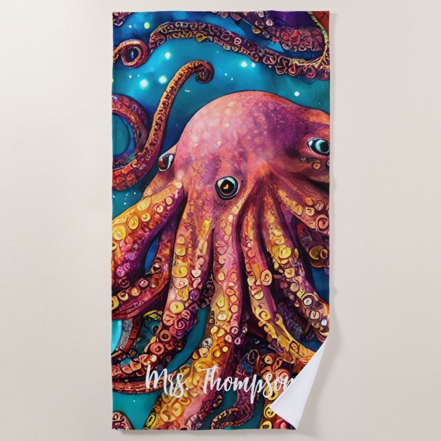 Alien Wasserfarben-Oktopus mit Personalisiertem Na Strandtuch (Vorderseite)