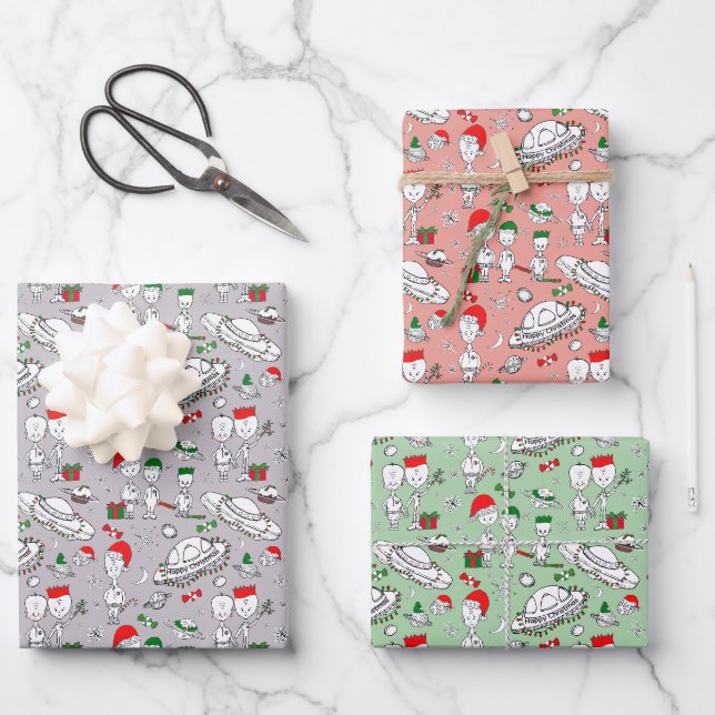 Alien Weihnachten im Weltraum Geschenkpapier Set (Vorderseite)