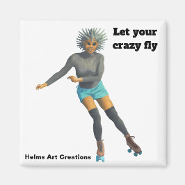 Alien Woman Roller Skater Fantasy Button Magnet