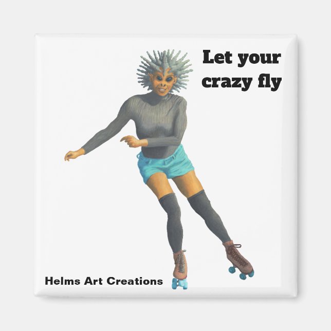 Alien Woman Roller Skater Fantasy Button Magnet (Vorne)