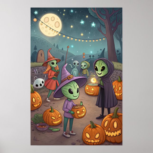 Aliens Celebrate Halloween on Earth – Cosmic Costu Poster (Vorne)