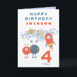 Aliens Spaceship Age 4 Birthday Space White Karte<br><div class="desc">Send a 4 year old who loves aliens and space happy birthday wishes with this spaceship,  cute alien characters and moon design on white background. Easily personalise the text to your own requirements.</div>