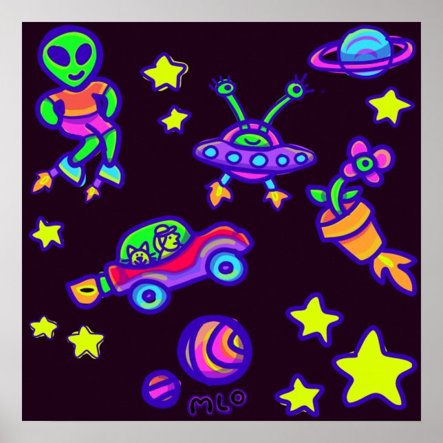 Aliens Stars And Planets In Outer Space Art Poster (Vorne)