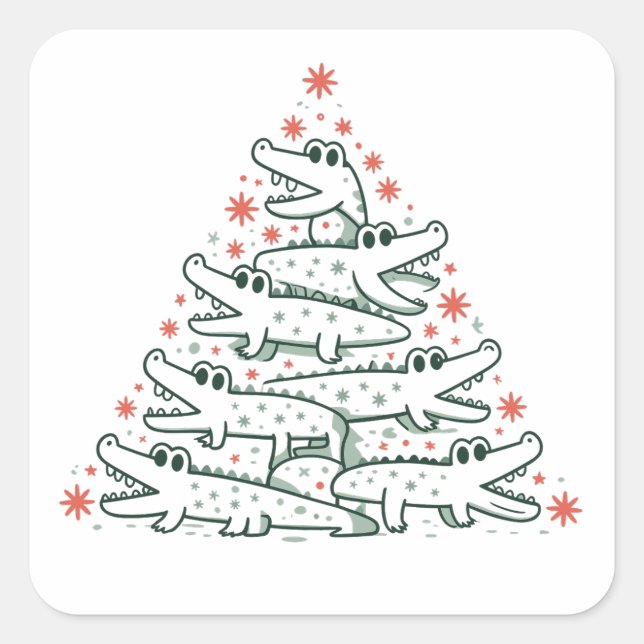 Aligator Weihnachtsbaum Funny Crocodile Florida Quadratischer Aufkleber (Vorderseite)