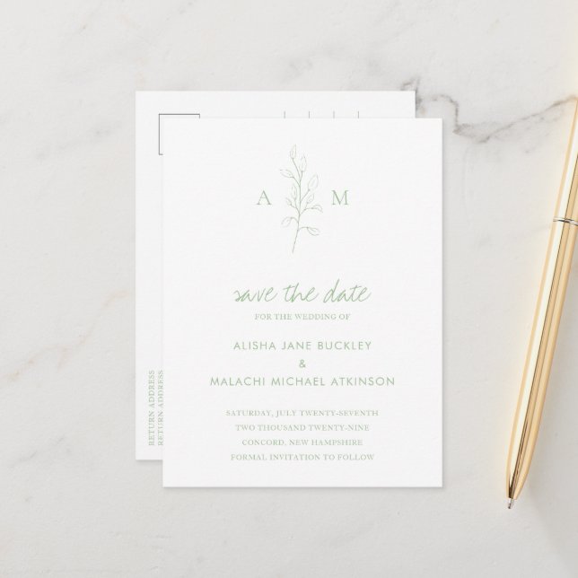 Alisha Sage Green Botanical Elegante Hochzeit Ankündigungspostkarte (Vorderseite/Rückseite Beispiel)