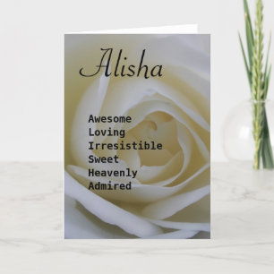 Alisha weiße Rosennamengedicht-Grußkarte Karte