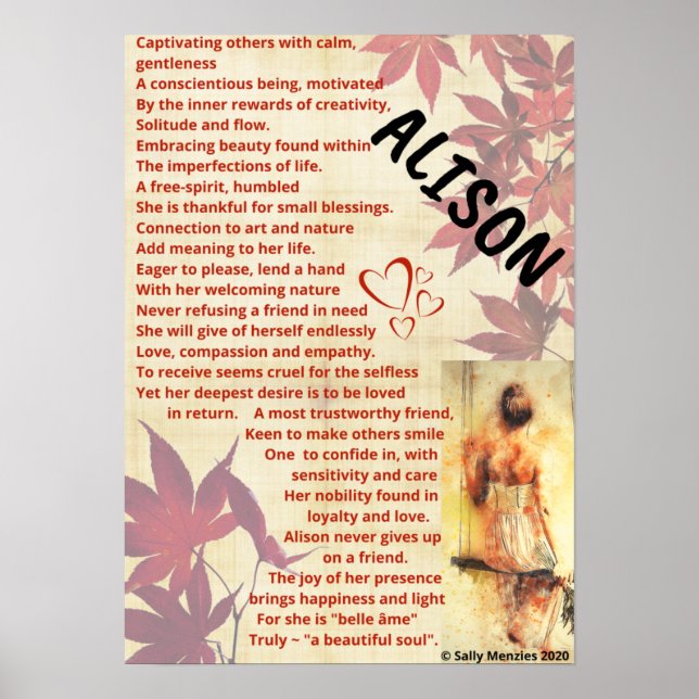 "Alison" Name Gedicht Poster (Vorne)