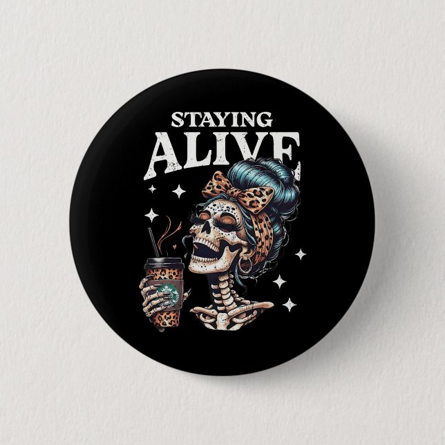 Alive Skeleton Halloween Leopard Messy Bun Women T Button (Vorderseite)