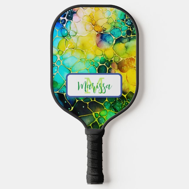 Alkohol und Tinte Künstlerisch grün, blau und gelb Pickleball Schläger (Vorderseite)