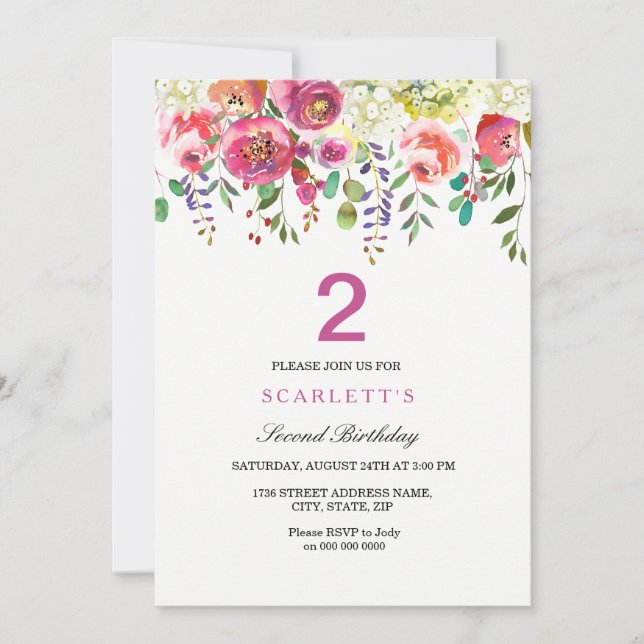 All Age Girls 2nd Birthday Party Invitation (Devant)