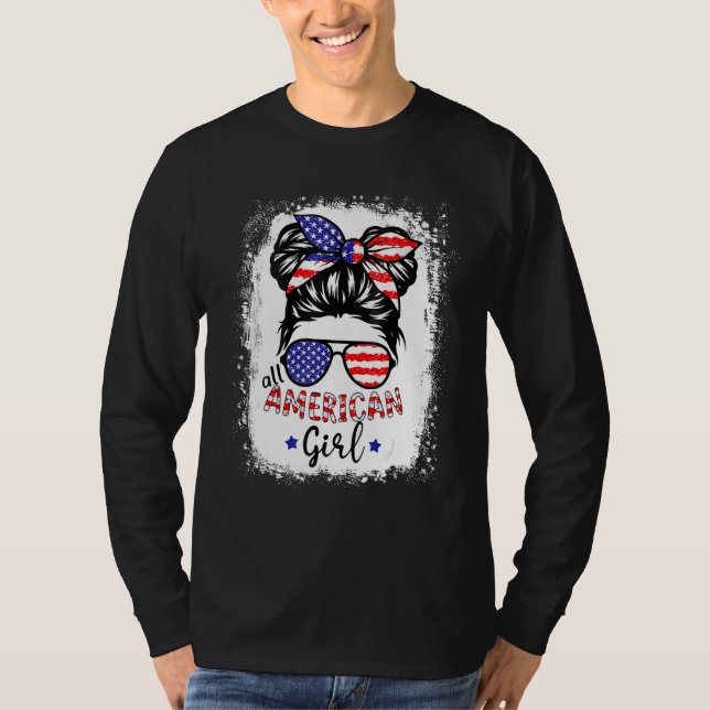 All American Girl 4th July Messy Bun Us Flag T-Shirt (Vorderseite)