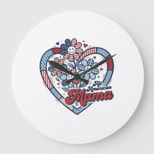 All American Mama Patriotisches Blumen-Shirt-Desig Große Wanduhr