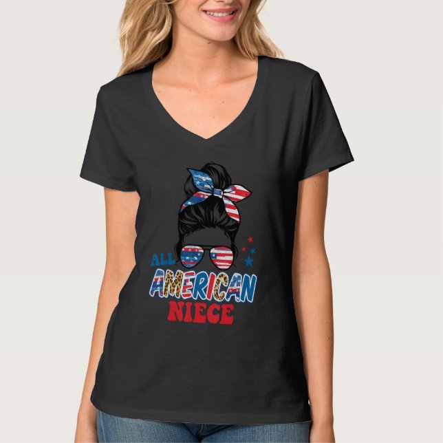 All American Niece 4th Of July USA Flag Messy Bun  T-Shirt (Vorderseite)