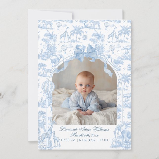 All Blue Toile Safari Animal Baby Boy Dusche Ankündigung (Vorderseite)