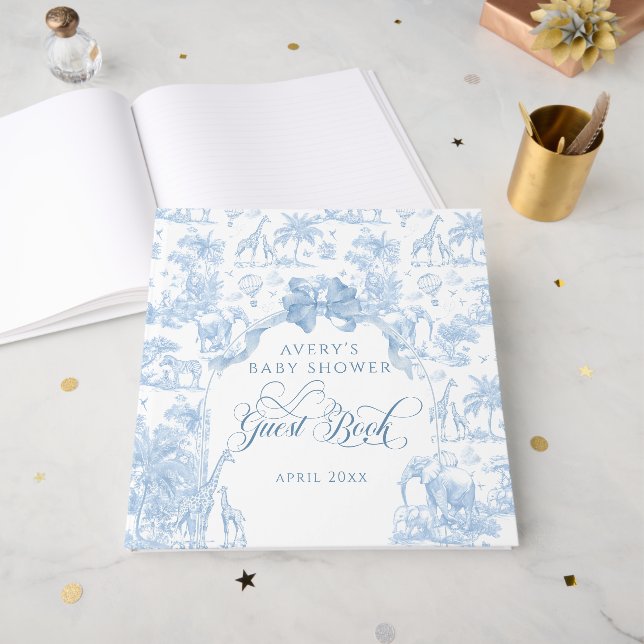 All Blue Toile Safari Animal Baby Boy Dusche Gästebuch (Vorderseite offen)