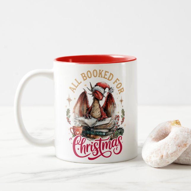 All Booked for Christmas Dragon  Zweifarbige Tasse (Mit Donut)