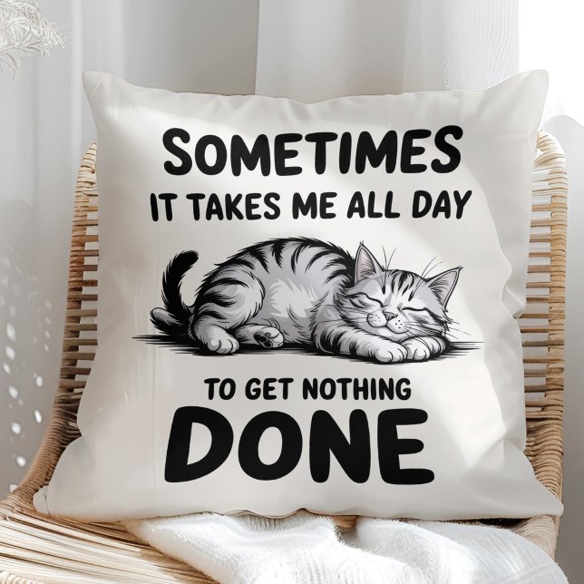 "All Day Doing Nothing" Funny Lazy Cat Kissen ("All Day Doing Nothing" Funny Lazy Cat Throw Pillow in a sunny boho rattan chair.)
