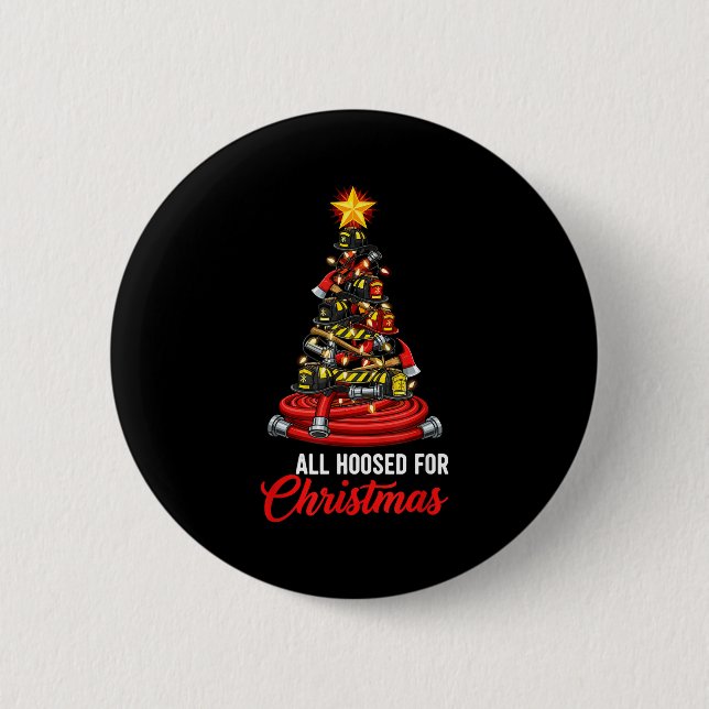 All Hoosed Christmas Firefighter Tree Shirt, Firem Button (Vorderseite)
