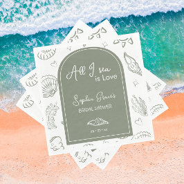 All I Sea is Love Sage Green Seashells Doodles Serviette
