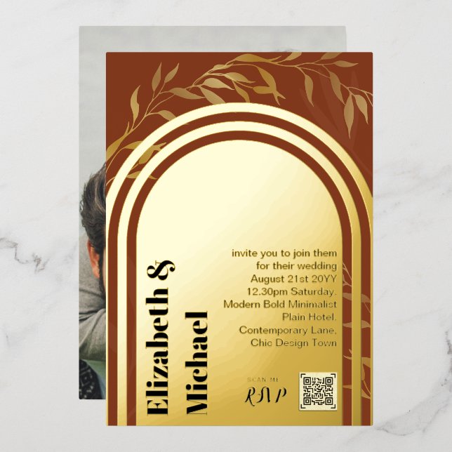 All-in1 GOLD FOIL Terracotta Foto QR Code Modern Folieneinladung (Vorderseite/Rückseite)