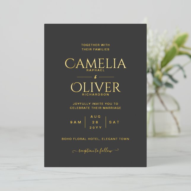 All-in-1 Black Gold Foil Wedding QR Code Folieneinladung (Stehend vorne)