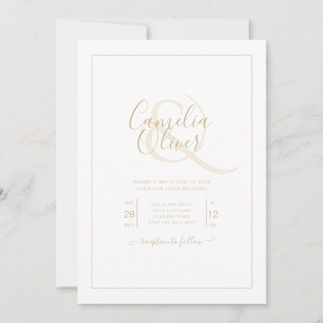All-in-1 Elegante Classic Gold Text White Wedding Einladung (Vorderseite)