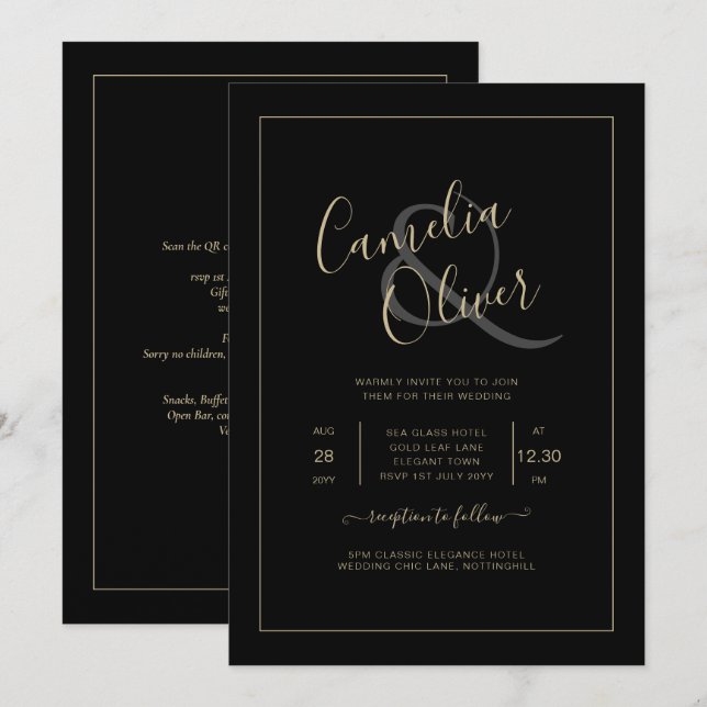 All-in-1 Elegante klassische Schwarz-GOLD-Text Hoc Einladung (Vorne/Hinten)
