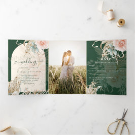 All-in-1 Green Pampas Grass Peach Wedding FOTO Dreifach Gefaltete Einladung