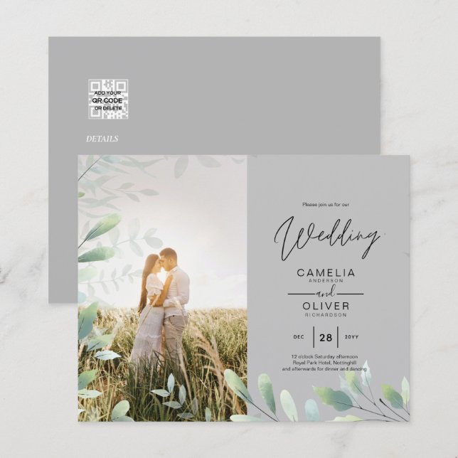 All-in-1 Greenery Blätter Foto Overlay Wedding QR (Vorne/Hinten)