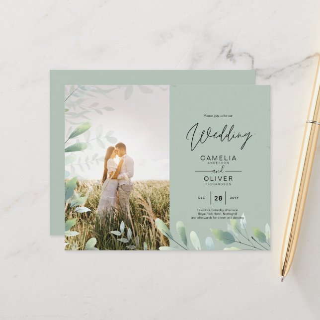 All-in-1 Greenery Blätter Foto Overlay Wedding QR (Vorderseite/Rückseite Beispiel)