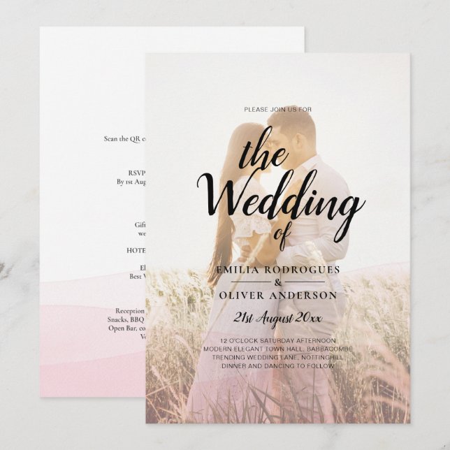 All-in-1 Rosa Ombre Foto Overlay HochzeitQR-Code Einladung (Vorne/Hinten)