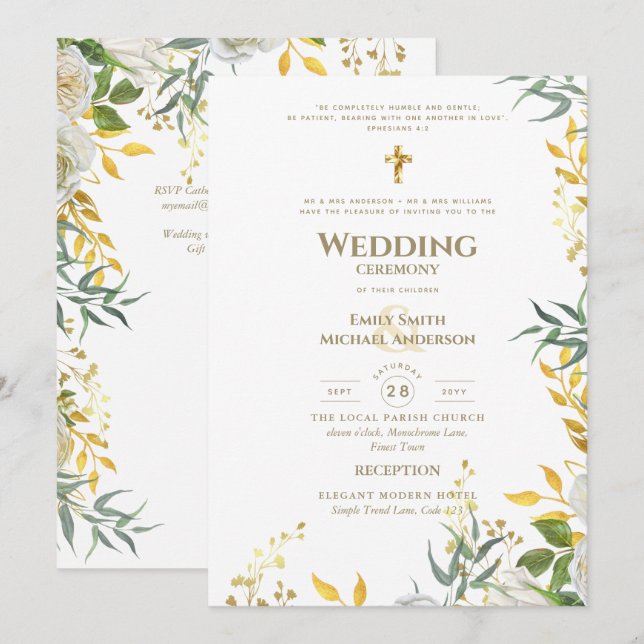 All-in-1 White Gold Greenery katholische Hochzeit Einladung (Vorne/Hinten)