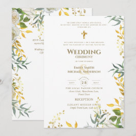 All-in-1 White Gold Greenery katholische Hochzeit Einladung