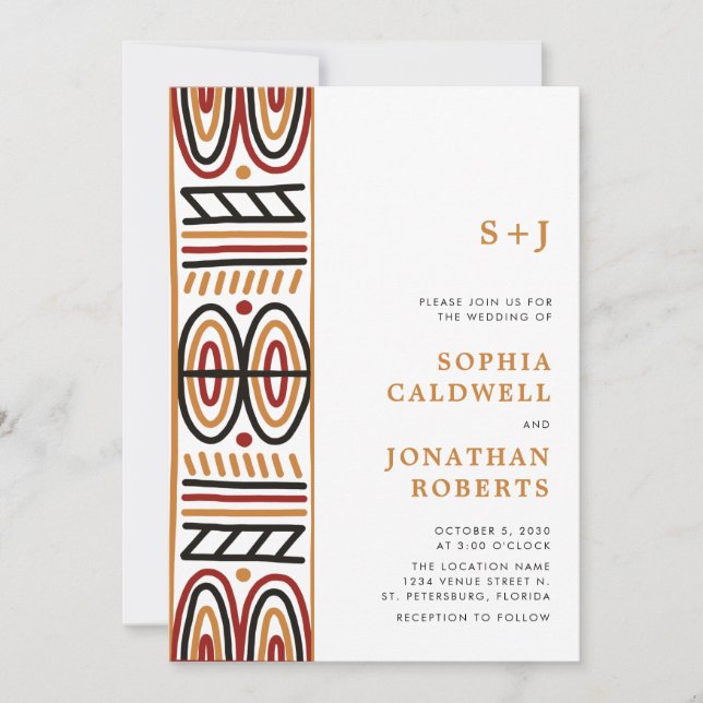 All in one African Motif Monogram Modern Wedding Einladung (Vorderseite)
