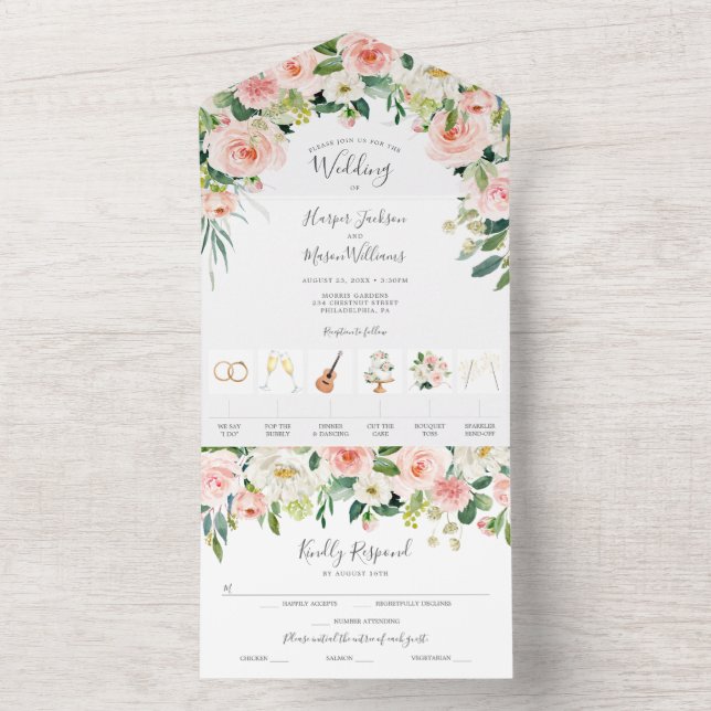 All in one Airy Blush Gold Timeline Einladung (Innen Boden)