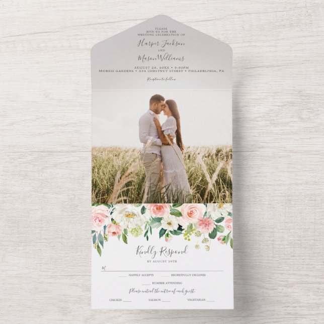 All in One Airy Blush Wedding Einladung mit Foto (Innen Boden)