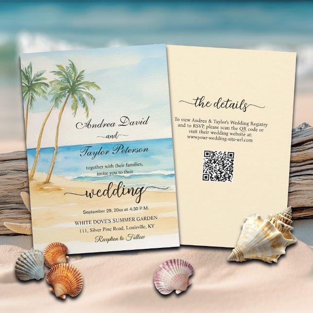 All in One Beach and Palm Trees QR Code Hochzeit Einladung (Von Creator hochgeladen)