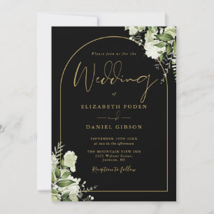 All in one Black and Gold Floral Foto Hochzeit Einladung
