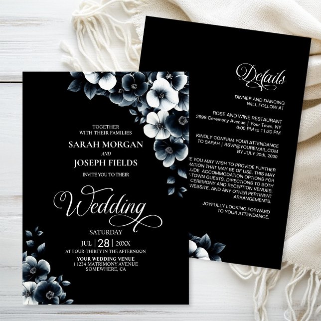 All in One Black and White Floral Wedding Einladung (Von Creator hochgeladen)