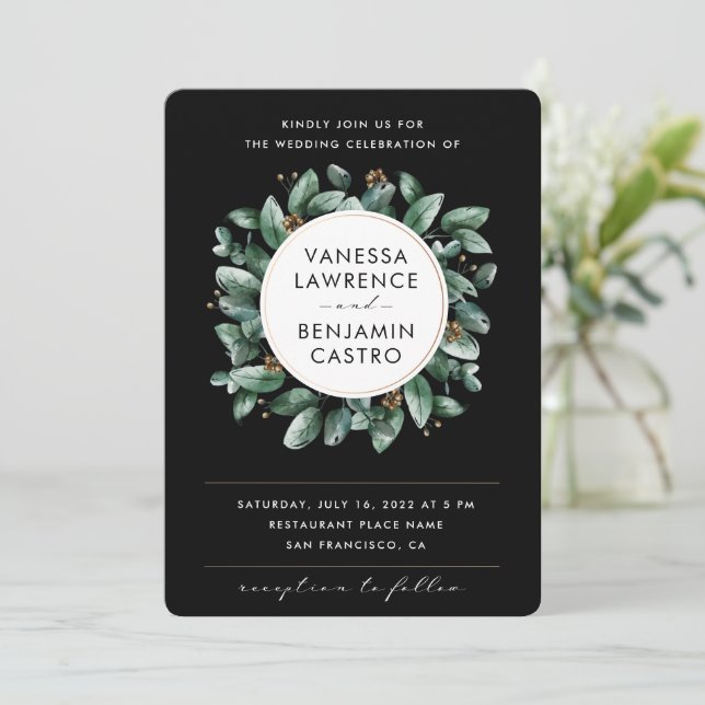 All in one Black Eukalyptus Greenerity UAwg Weddin Einladung (Stehend Vorderseite)