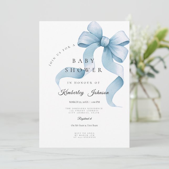 All in One Blue Bow Baby Dusche Einladung (Stehend Vorderseite)