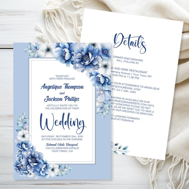 All in one Blue Floral Wedding Einladung (Von Creator hochgeladen)