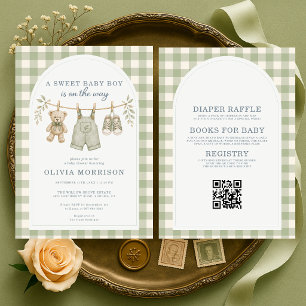 All in One Boho Salbei Grün Gingham Babyparty Einladung