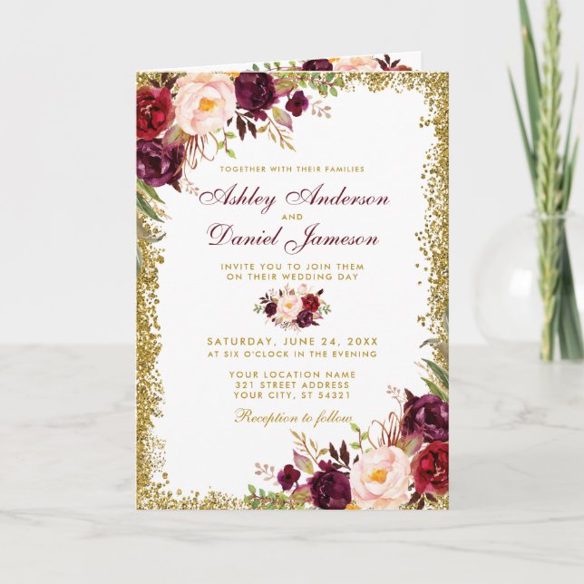 All in one Burgund Floral Glitzer Hochzeit einlade Karte (Vorderseite)