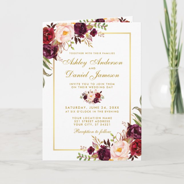 All in one Burgund Floral Wedding Gold Einladung (Vorderseite)