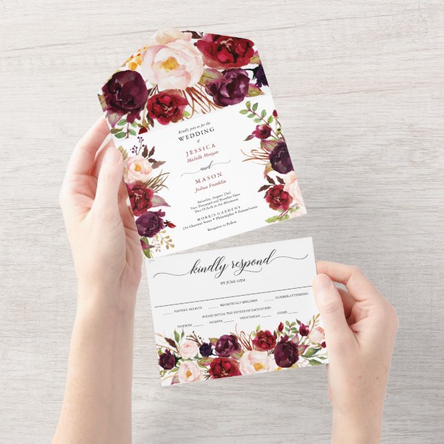 All in One Burgund Marsala Rustic Wedding Einladun Einladung (Abreißen)