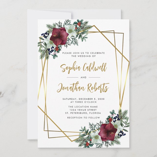 All in One Burgundy Amaryllis Gold Floral Wedding Einladung (Vorderseite)