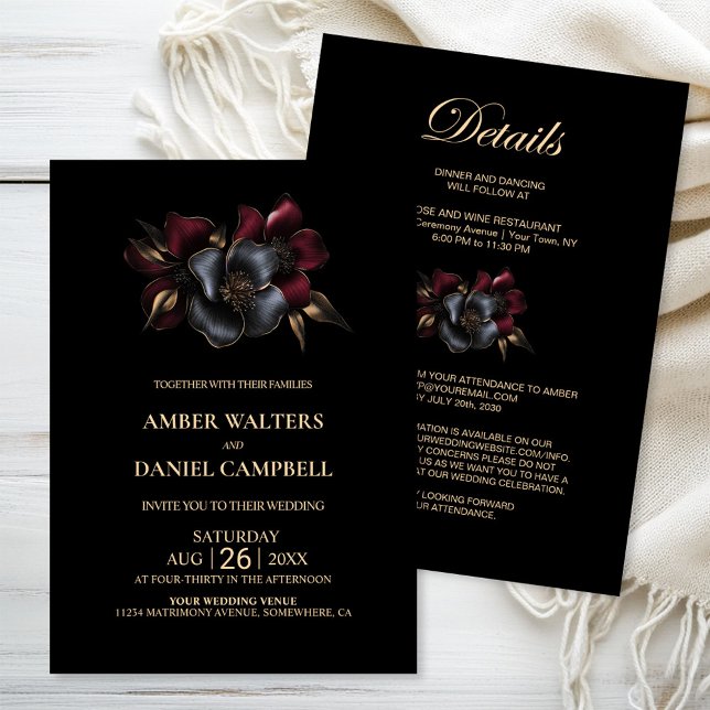 All in One Burgundy and Gray Floral Wedding Einladung (Von Creator hochgeladen)