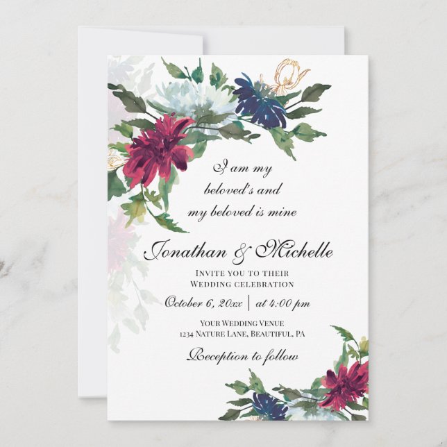 All in One Burgundy Blue Floral Christlich Wedding Einladung (Vorderseite)